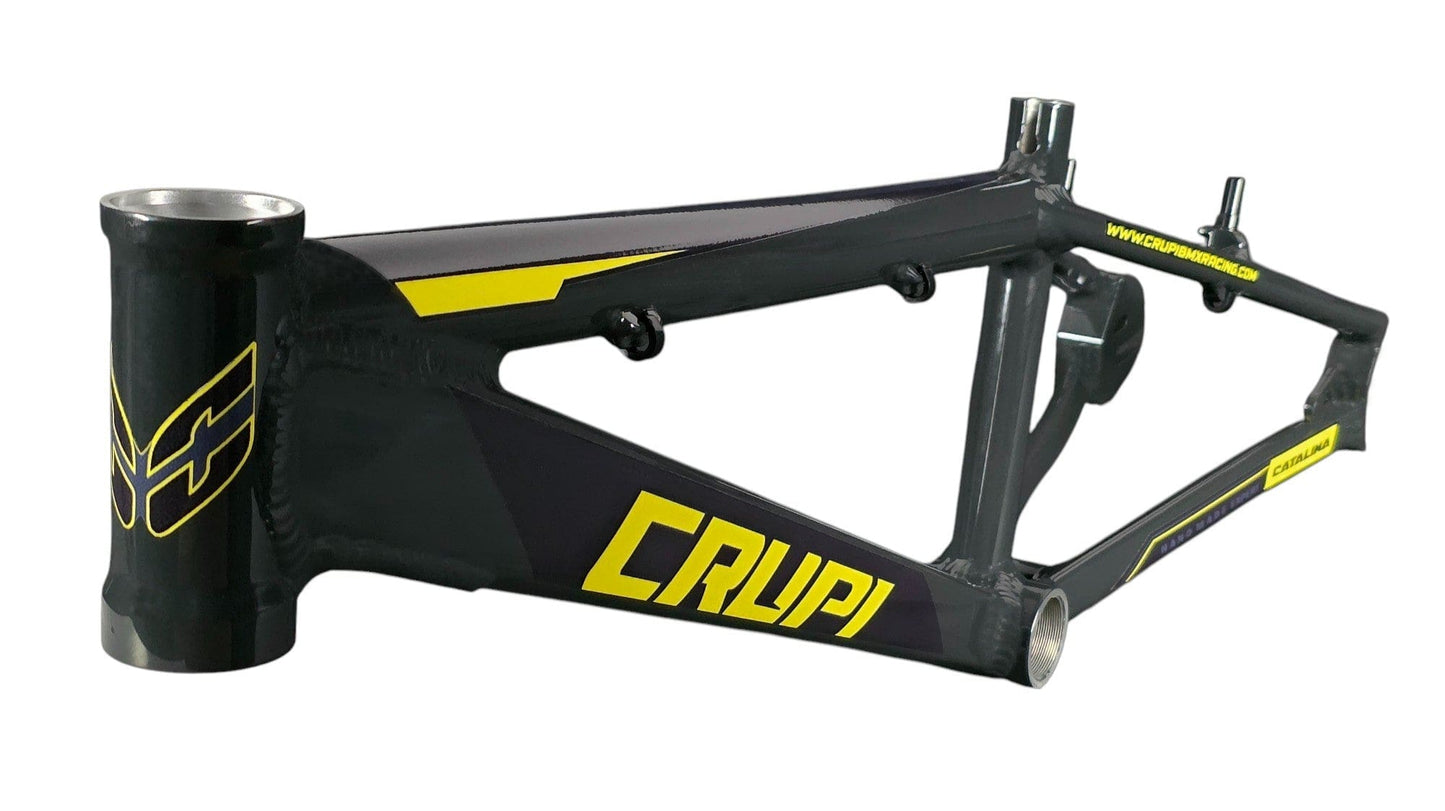 Black and yellow bike frame with 'CRUPI' branding on a white background
