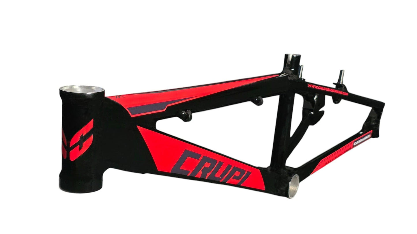 Red and black bicycle frame with 'CRUPI' branding on a white background