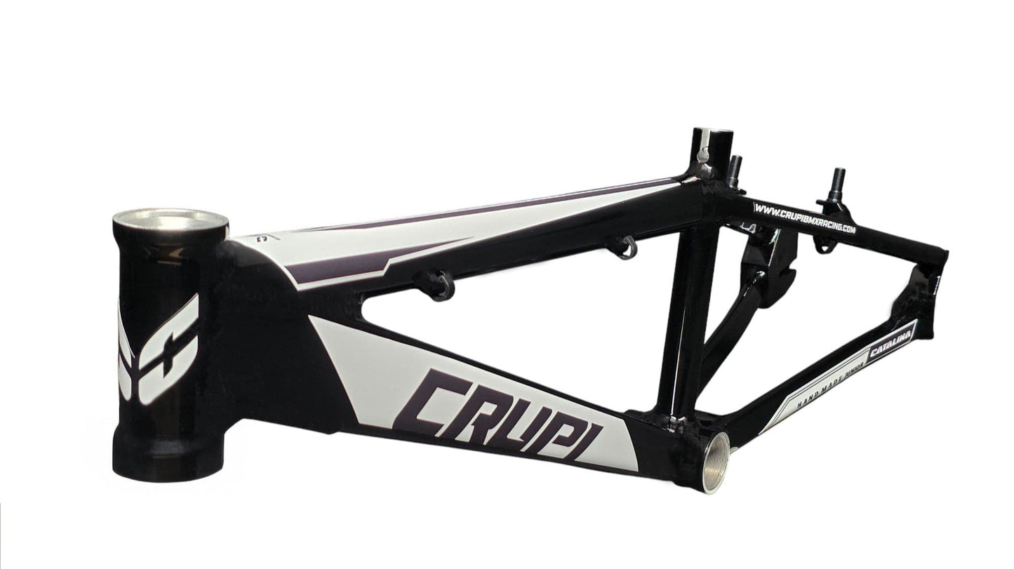 Black and white bicycle frame with 'CRUPI' branding on a white background