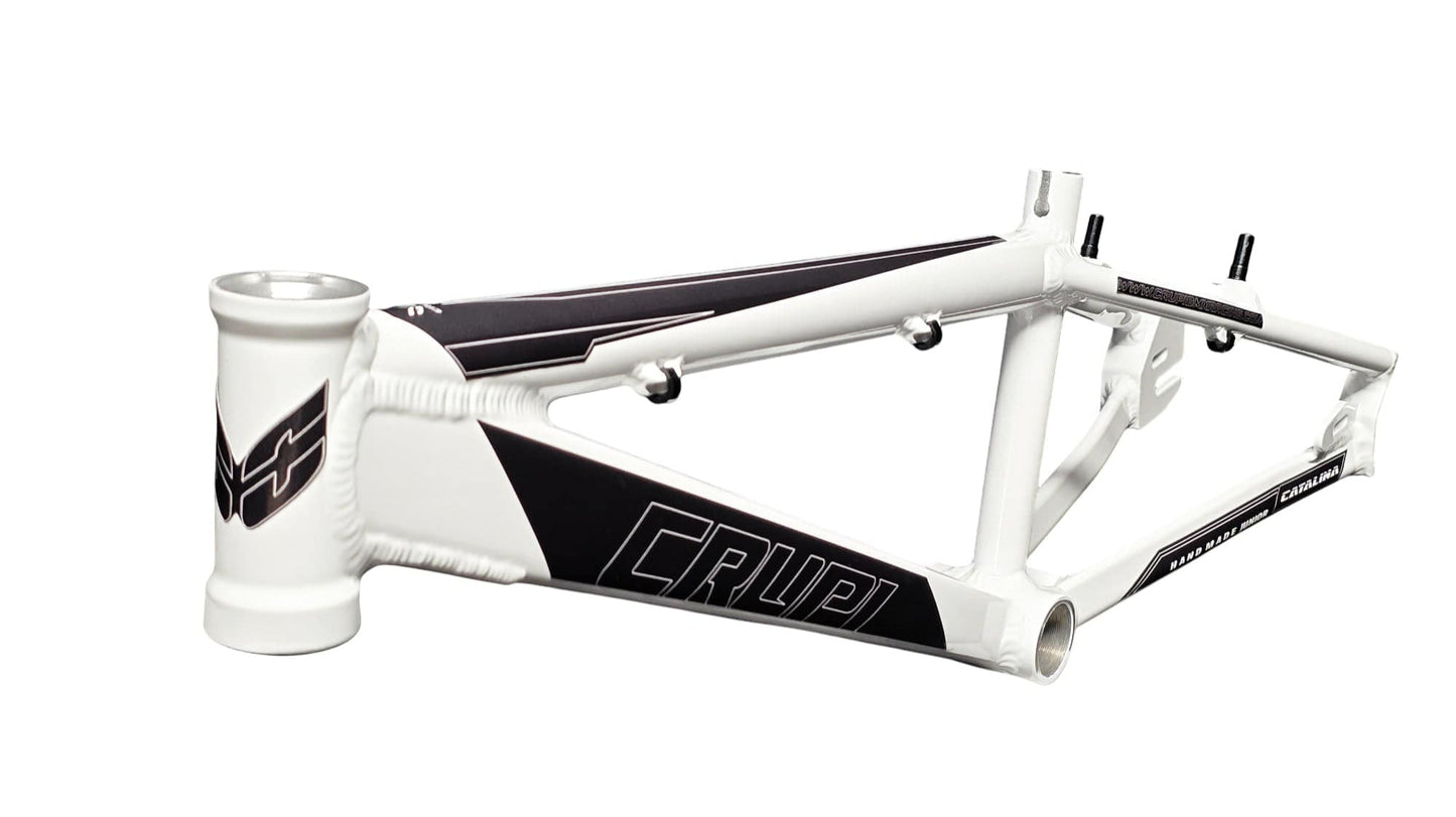 White and black bicycle frame with 'Crupi' branding on a white background