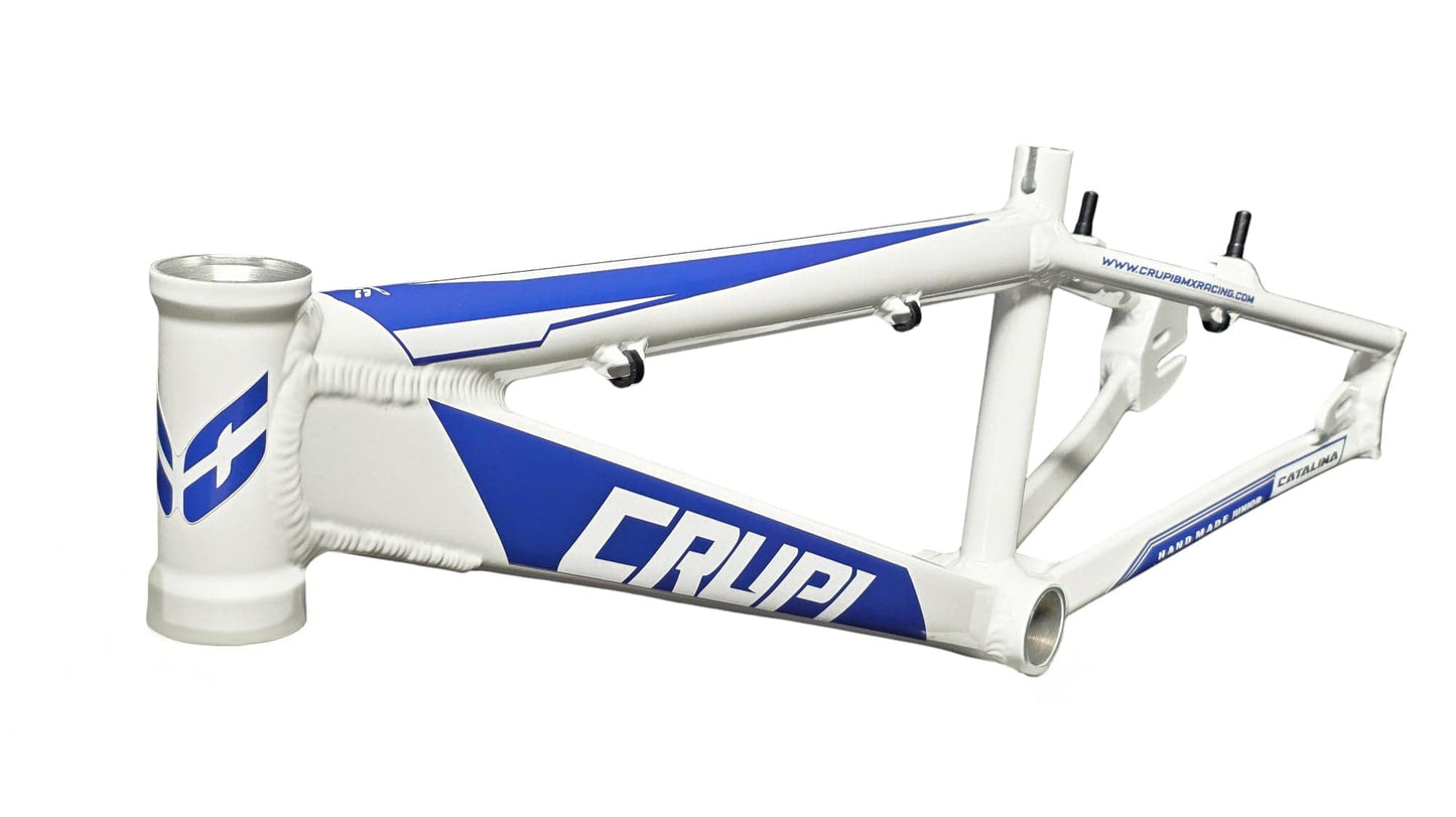 White and blue bicycle frame with 'CRUPI' branding on a white background