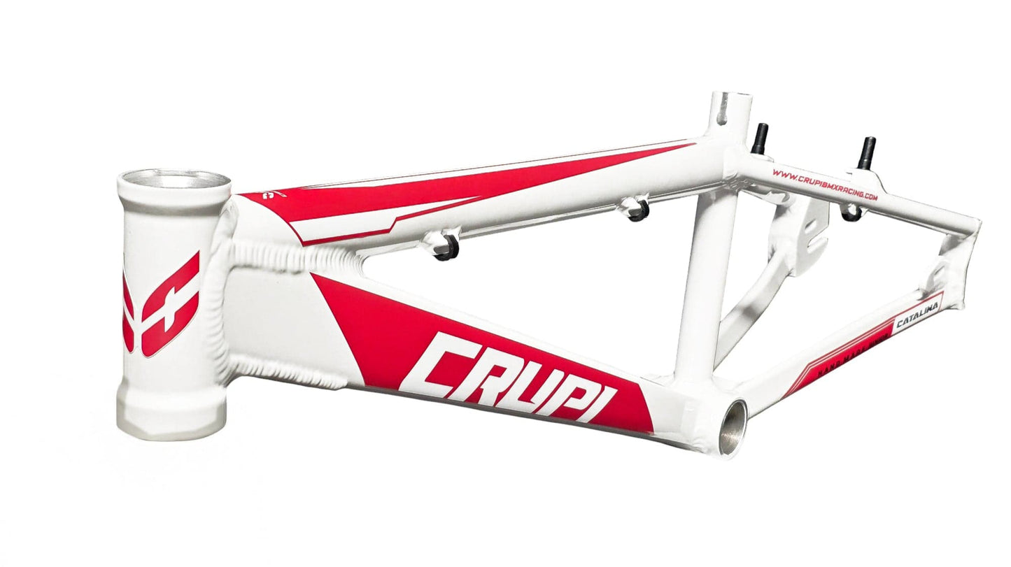White and red bicycle frame with 'Crupi' branding on a white background