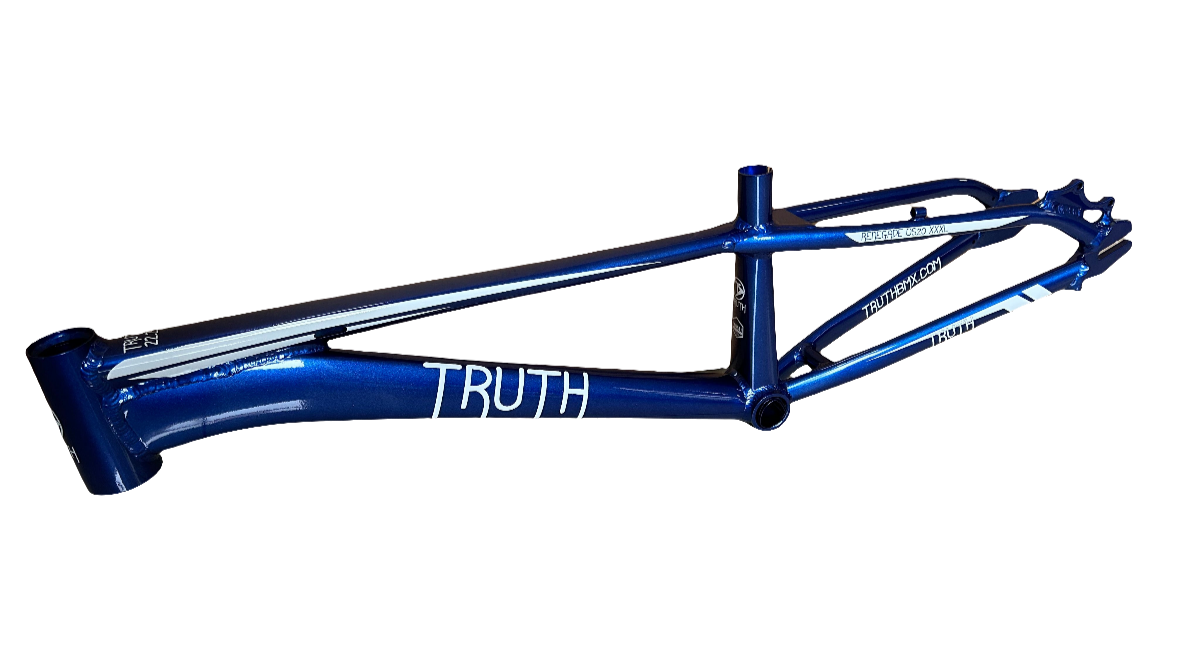 Blue bicycle frame with 'Truth' branding on a white background