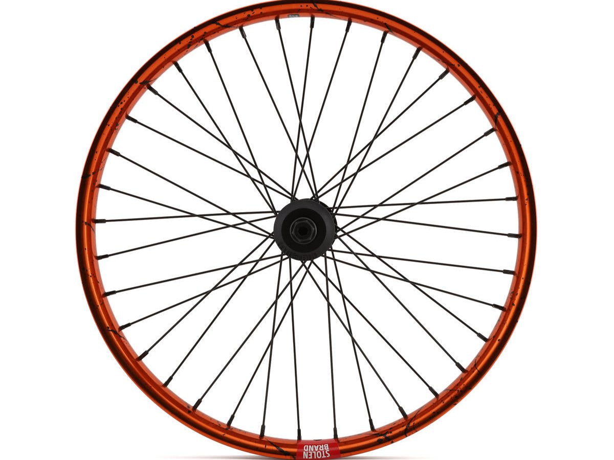 Rueda delantera Stolen Low Pro Street con eje hembra salpicado en naranja y negro