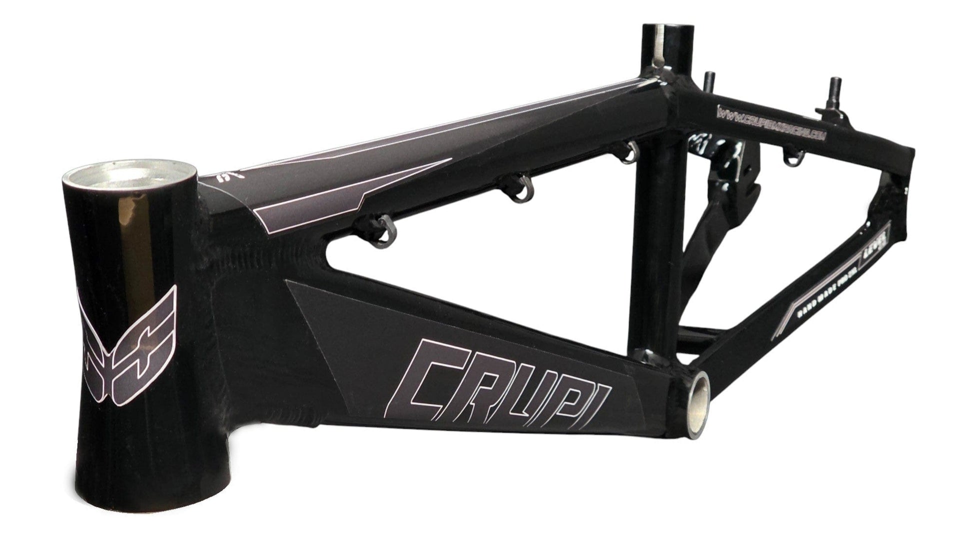 Black bicycle frame with 'CRUP!' branding on a white background