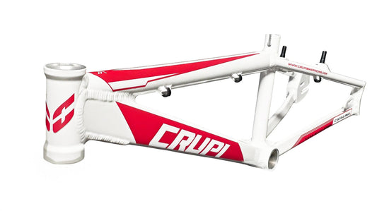 White and red bicycle frame with 'Crupi' branding on a white background