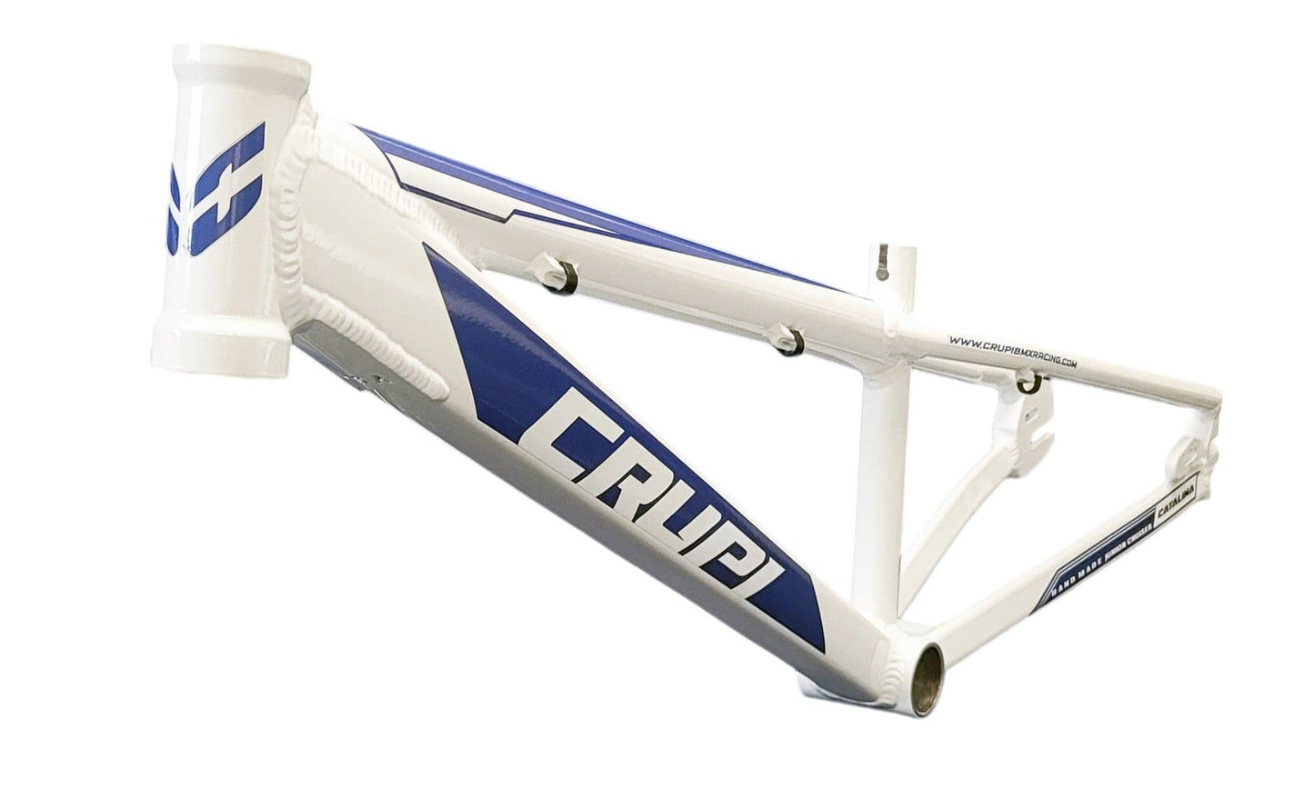 White bicycle frame with blue accents and 'CRUPI' branding on a white background